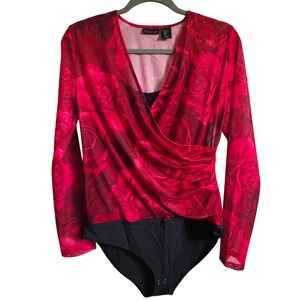 Tahari‎ L Red Rose Floral Mesh Bodysuit Long Sleeve Top Women's Large NEW